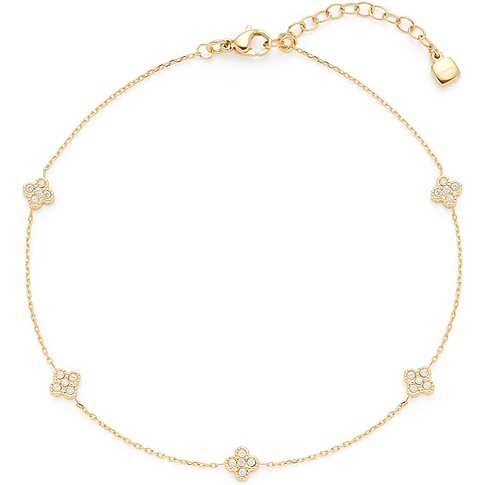 Leonardo Fußkette aus goldfarbenem Edelstahl mit fünf dekorativen Zirkonia Elementen in Kleeblattform.