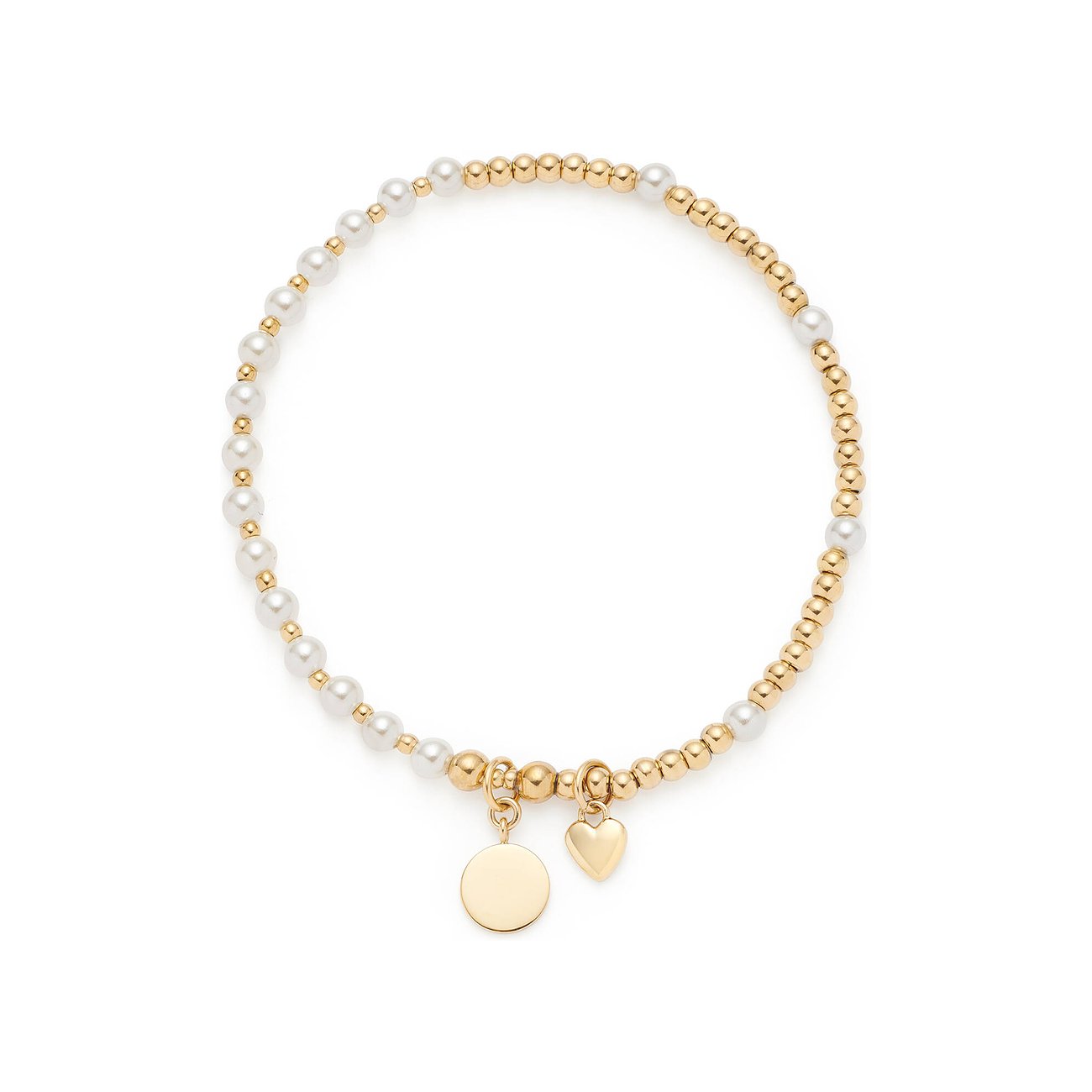 Leonardo Armband: Edelstahl mit goldfarbenen Kügelchen, weißen Glassteinen, goldfarbenem Anhänger und Herz.