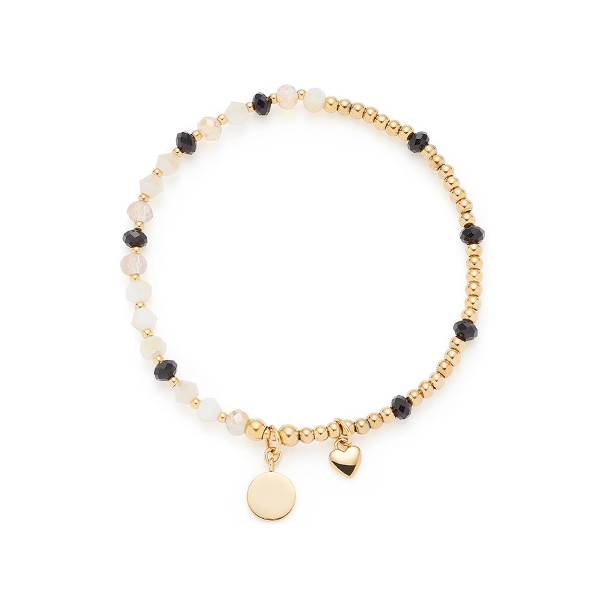 Leonardo Damen-Armband: Edelstahl, goldene Kugeln, facettierte Glassteine (Schwarz/Weiß), runder Anhänger, Herz-Charm.