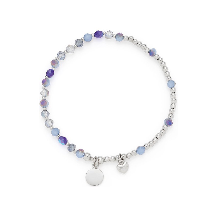 Leonardo Armband aus Edelstahl mit silbernen Kugeln und blauen, violetten Glasstein-Farbsteinen und Anhängern.