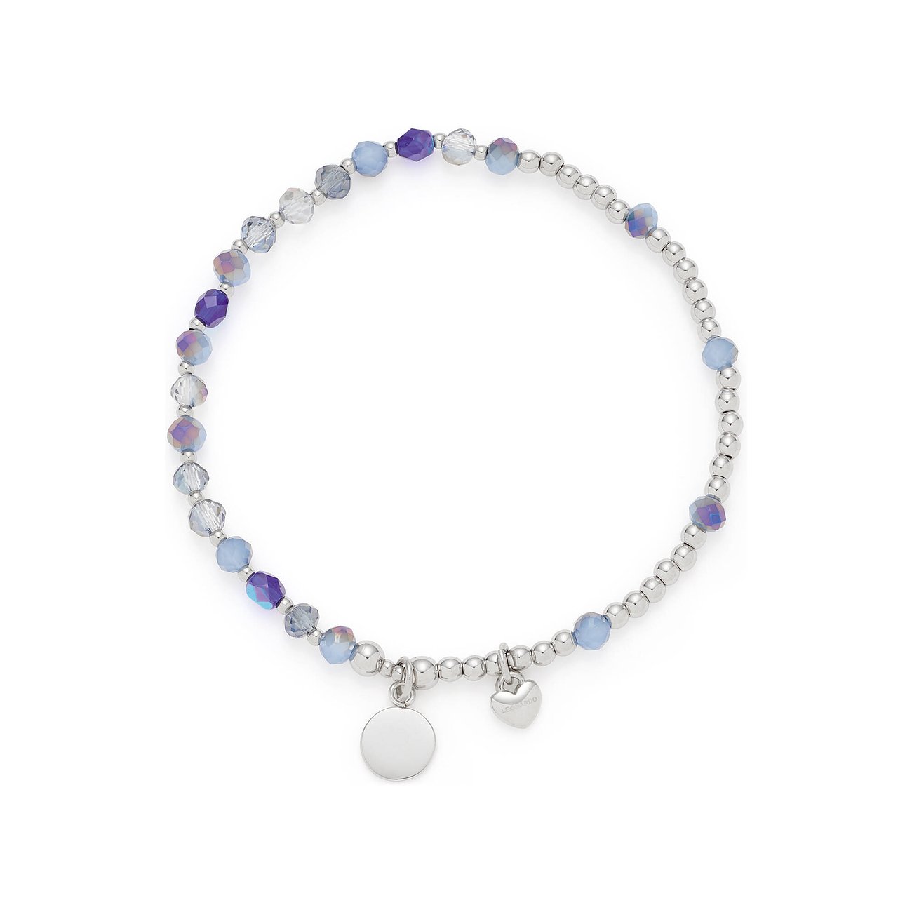 Leonardo Armband aus Edelstahl mit silbernen Kugeln und blauen, violetten Glasstein-Farbsteinen und Anhängern.