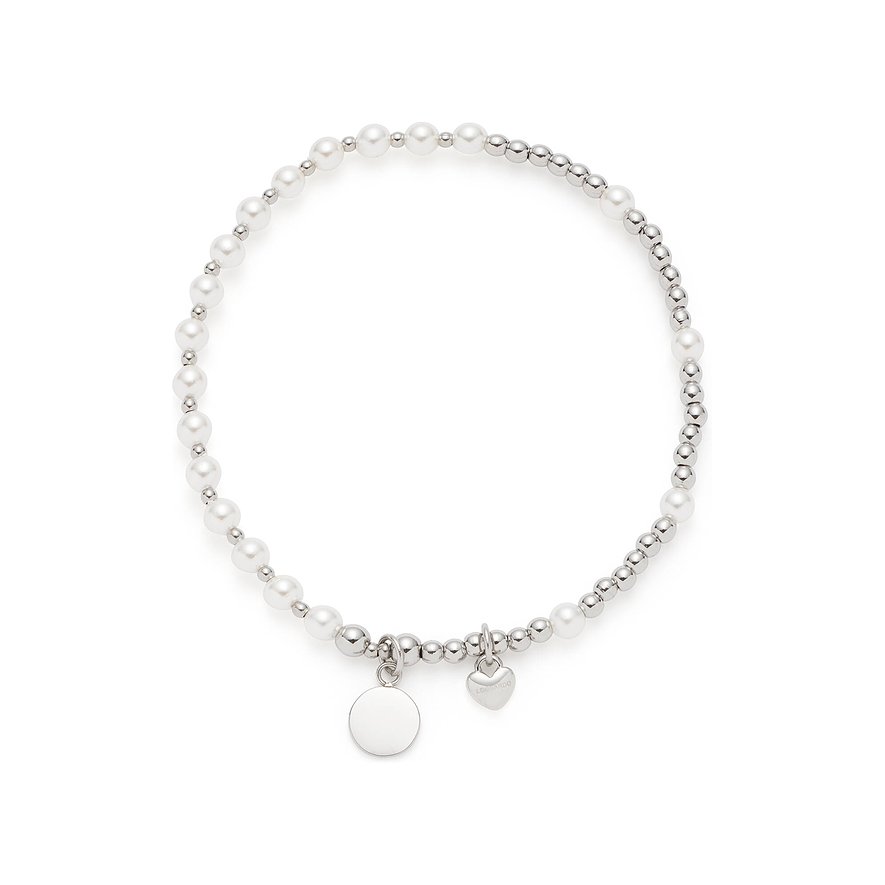 Ein weißes Perlenarmband von Leonardo aus Edelstahl mit runden und herzförmigen Anhängern, von oben gesehen.