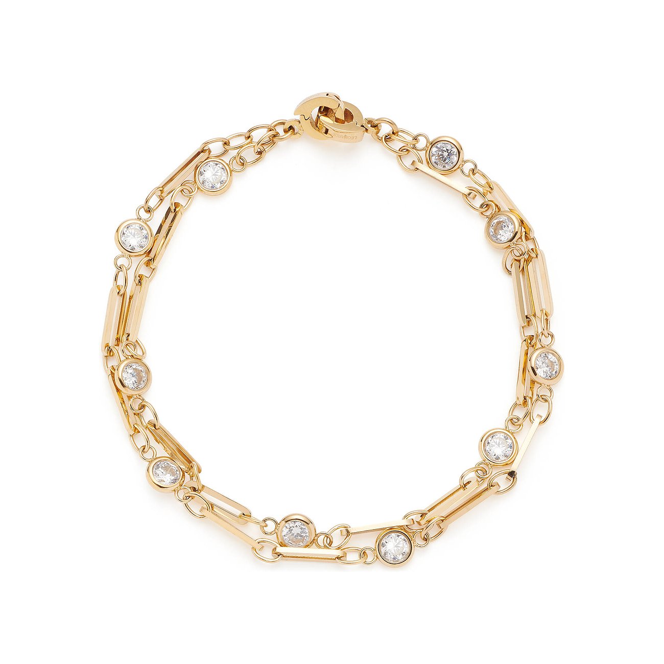 Een gouden Leonardo roestvrijstalen armband met ronde, heldere glasstenen, van bovenaf gefotografeerd.