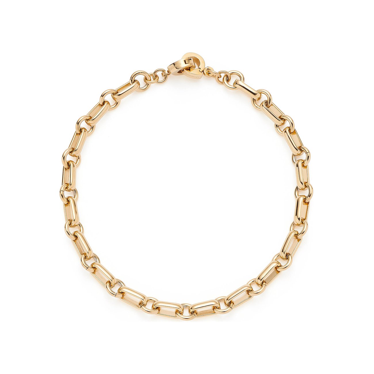 Leonardo Gliederkettenarmband aus goldfarbenem Edelstahl. Die Kette besteht abwechselnd aus runden und länglichen Elementen.