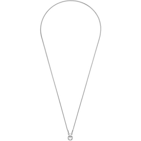 Leonardo halsband i rostfritt stål med enkel kedja och litet glänsande cirkelhänge på vit bakgrund.