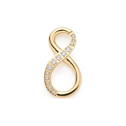 Ein goldenes Infinity-Charm von Leonardo aus Edelstahl mit eingearbeiteten Zirkonia-Steinen.