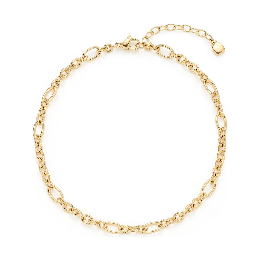 Leonardo Fußkette aus goldfarbenem Edelstahl mit wechselnden Gliederformen, Verschluss und Verlängerungskettchen.