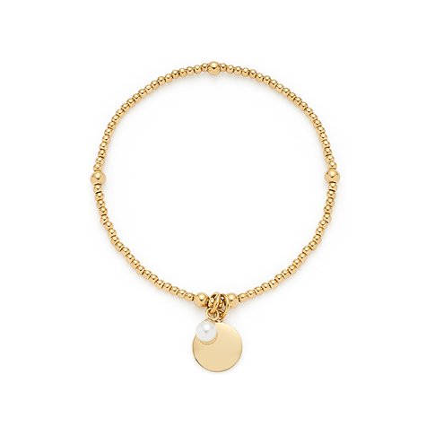 Leonardo Perlen-Armschmuck aus gelbvergoldetem Edelstahl, mit kleinen Perlen und einer runden Scheibe.