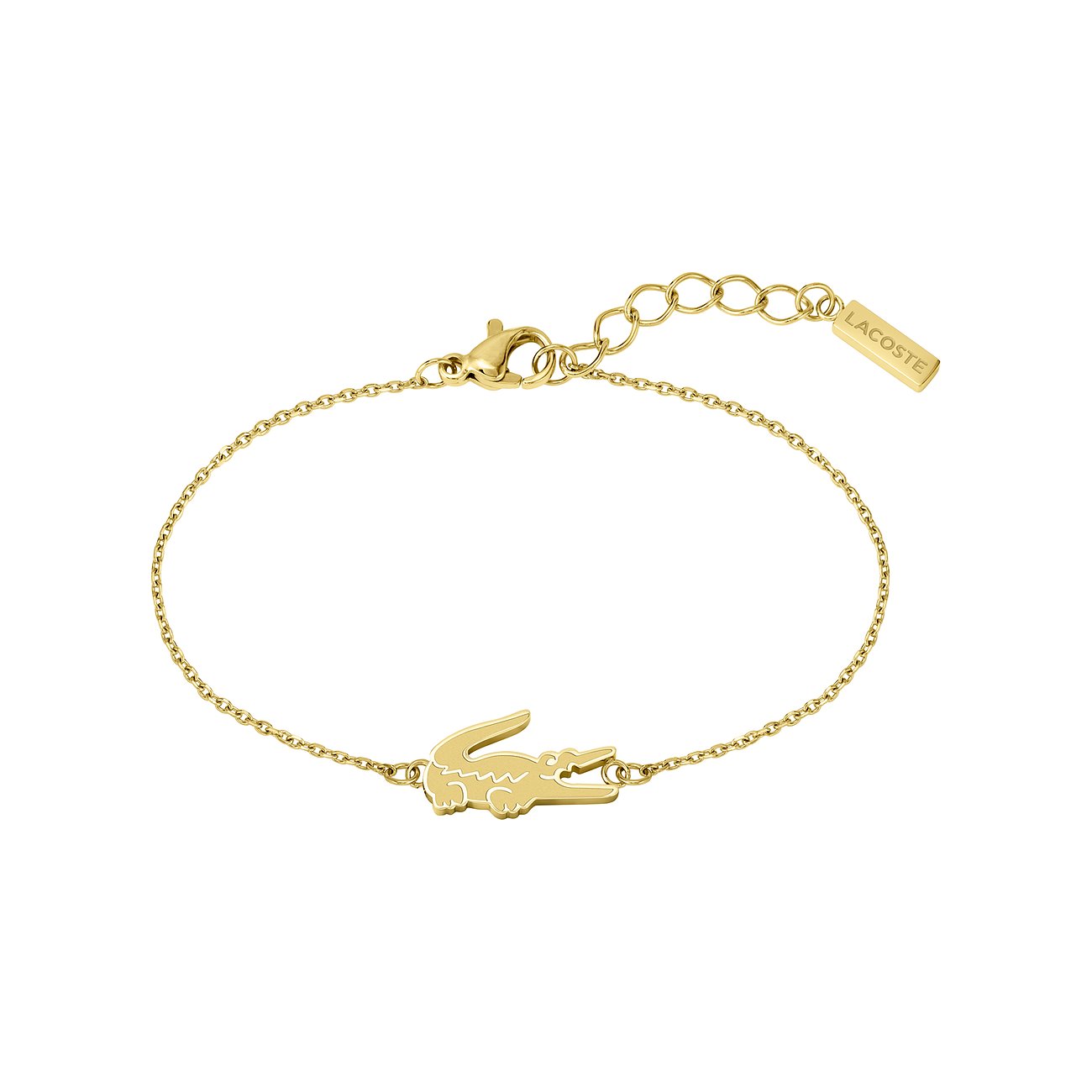 Lacoste armband van geelgoudkleurig roestvrij staal met krokodillenbedel en merkplaatje.