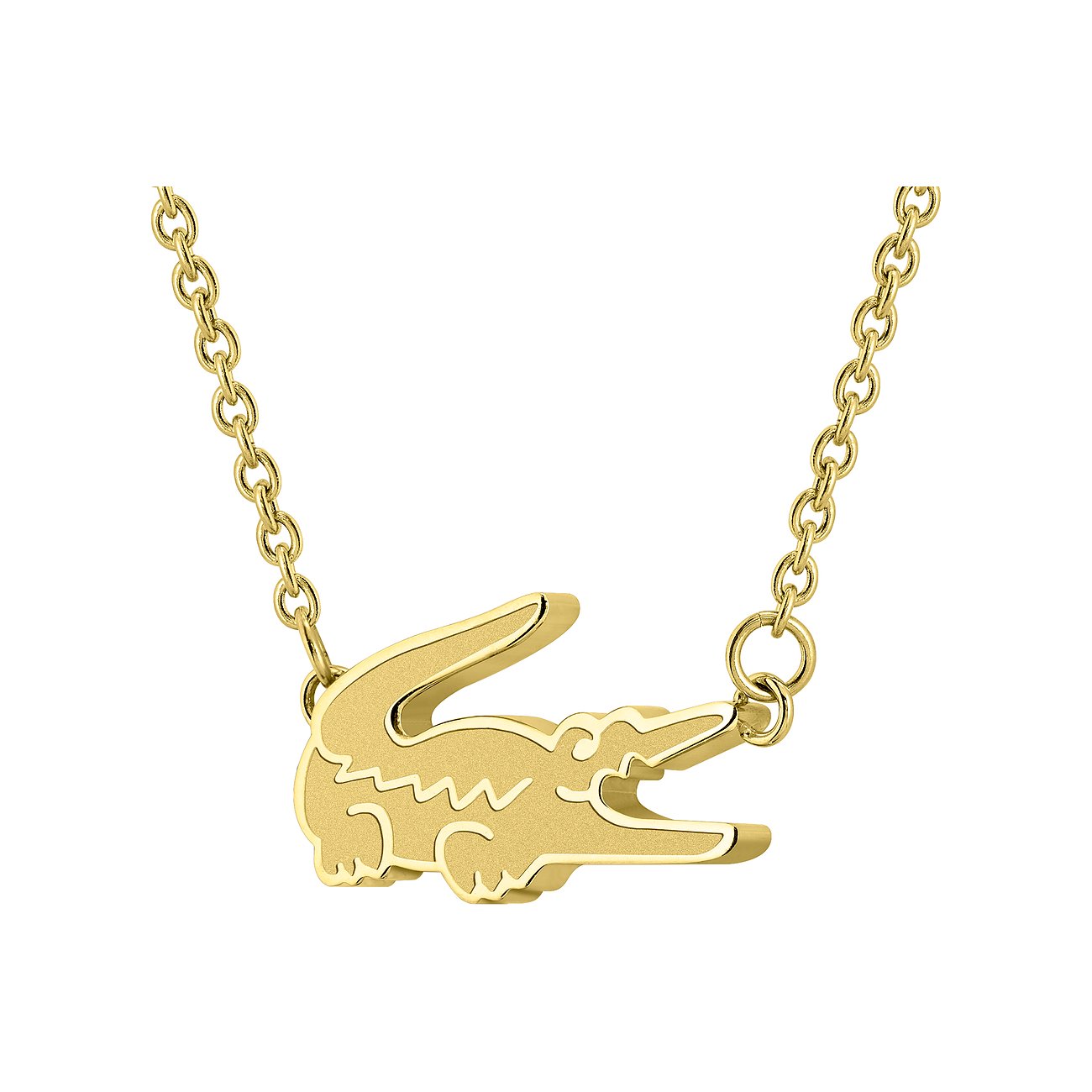 Lacoste armband van geelgoudkleurig roestvrij staal, een ketting met een goudkleurige krokodilhanger.