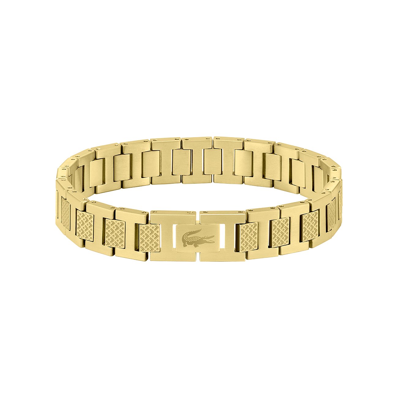 Lacoste herenarmband van goudkleurig roestvrij staal, met krokodillenlogo op de sluiting en gestructureerde schakels.
