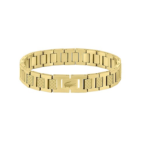 Lacoste Herren-Armschmuck aus goldfarbenem Edelstahl mit Krokodil-Logo auf dem Verschluss und strukturierten Gliedern.