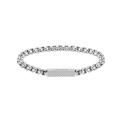 Lacoste Armband aus glänzendem Edelstahl mit Gliedergliederung und rechteckigem Element mit Markenlogo.