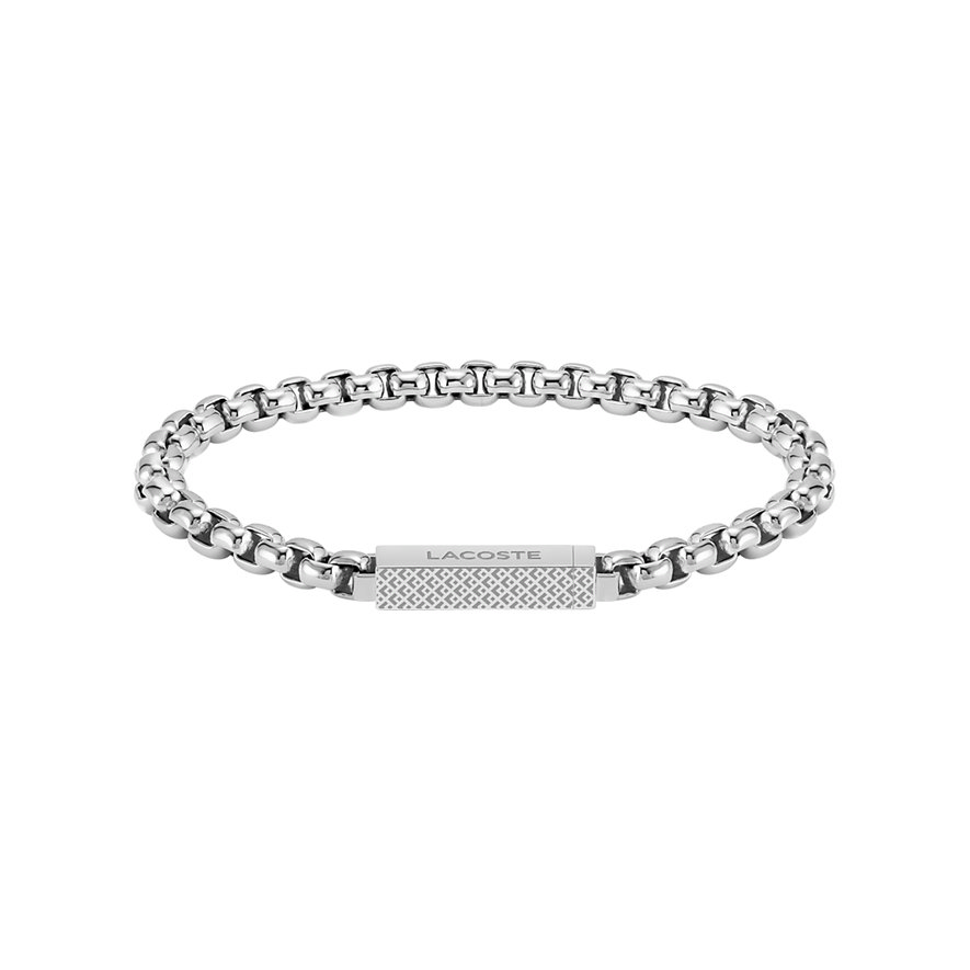 Lacoste RVS-armband met fijne ketting en een rechthoekig sluitingsonderdeel met subtiel patroon.