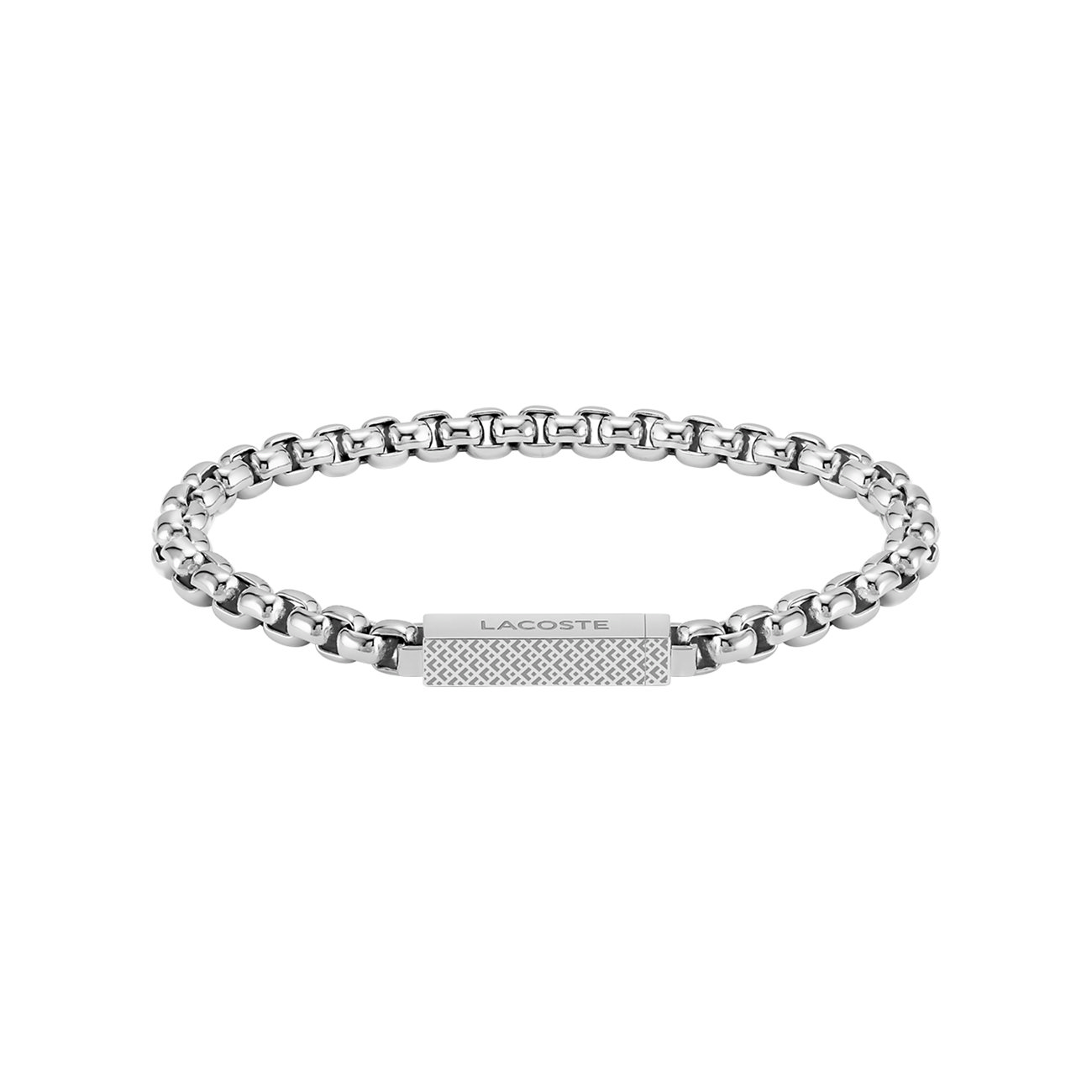 Lacoste RVS-armband met fijne ketting en een rechthoekig sluitingsonderdeel met subtiel patroon.