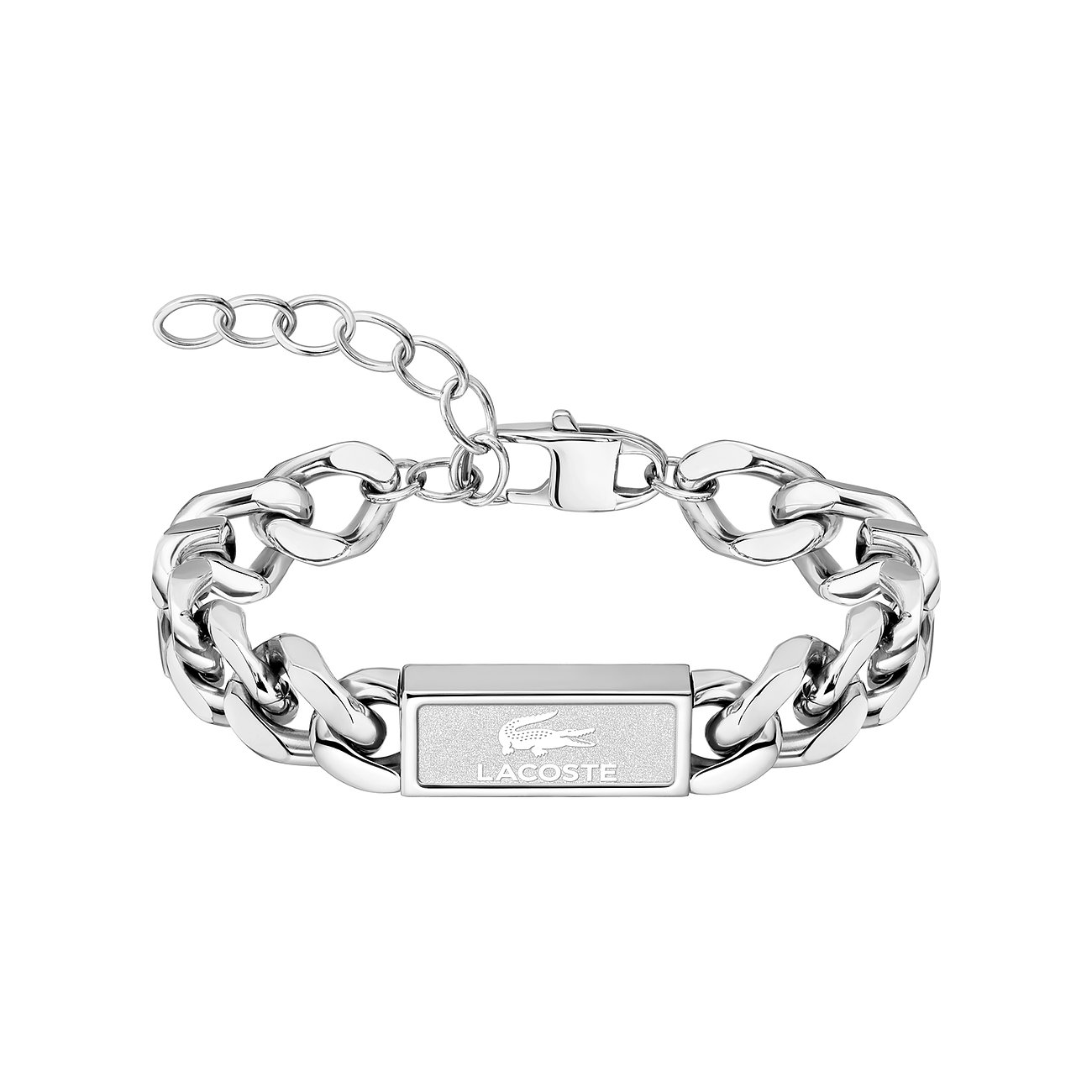 Lacoste roestvrijstalen armband met grove schakels en een rechthoekig plaatje met krokodillenlogo.