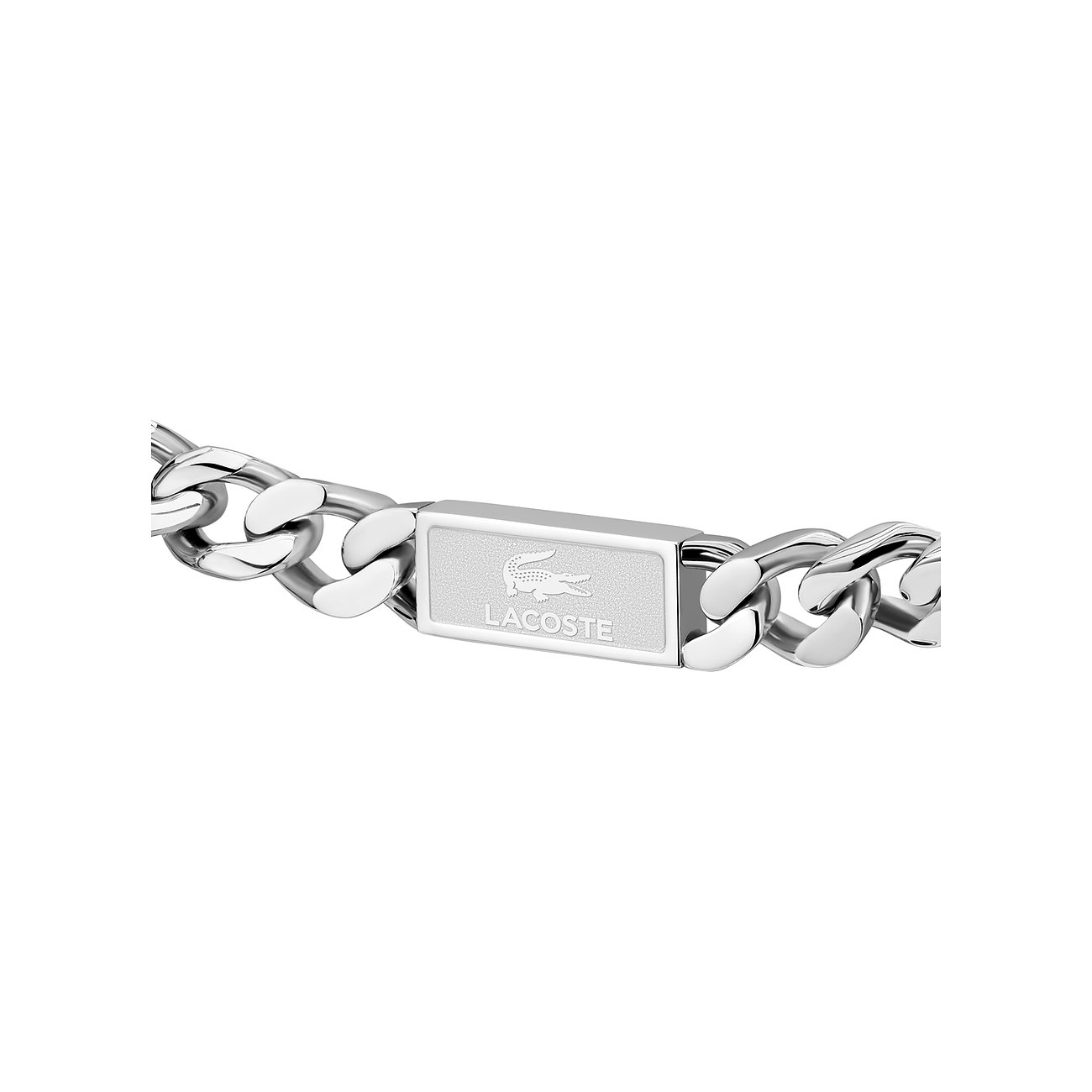 Lacoste roestvrijstalen armband met zilverkleurige schakelketting en krokodillenlogo op de sluiting.
