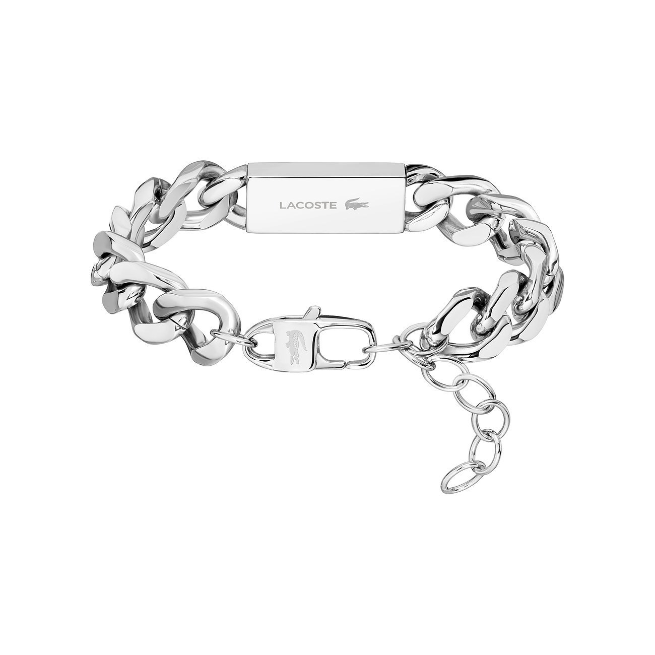 Lacoste roestvrijstalen armband, schakelkettingstijl, met gegraveerd Lacoste-logo op een plaatje.