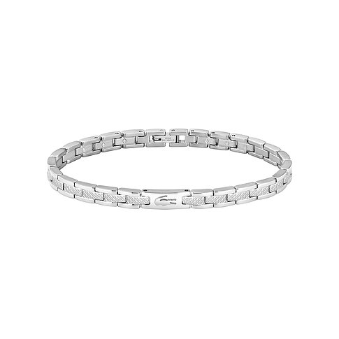 Lacoste Armband aus Edelstahl mit strukturierten Gliedern und Logo-Detail in der Mitte.