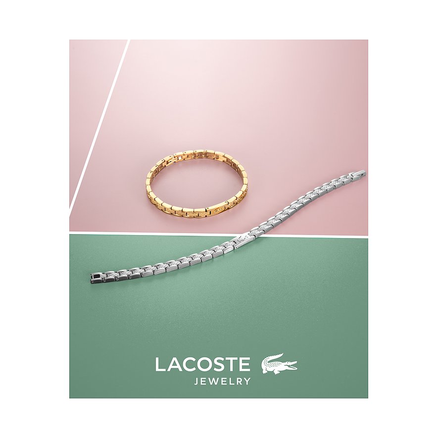 Twee Lacoste armbanden van roestvrij staal en edelstenen. Eén gouden, steviger, en één zilveren, smaller.