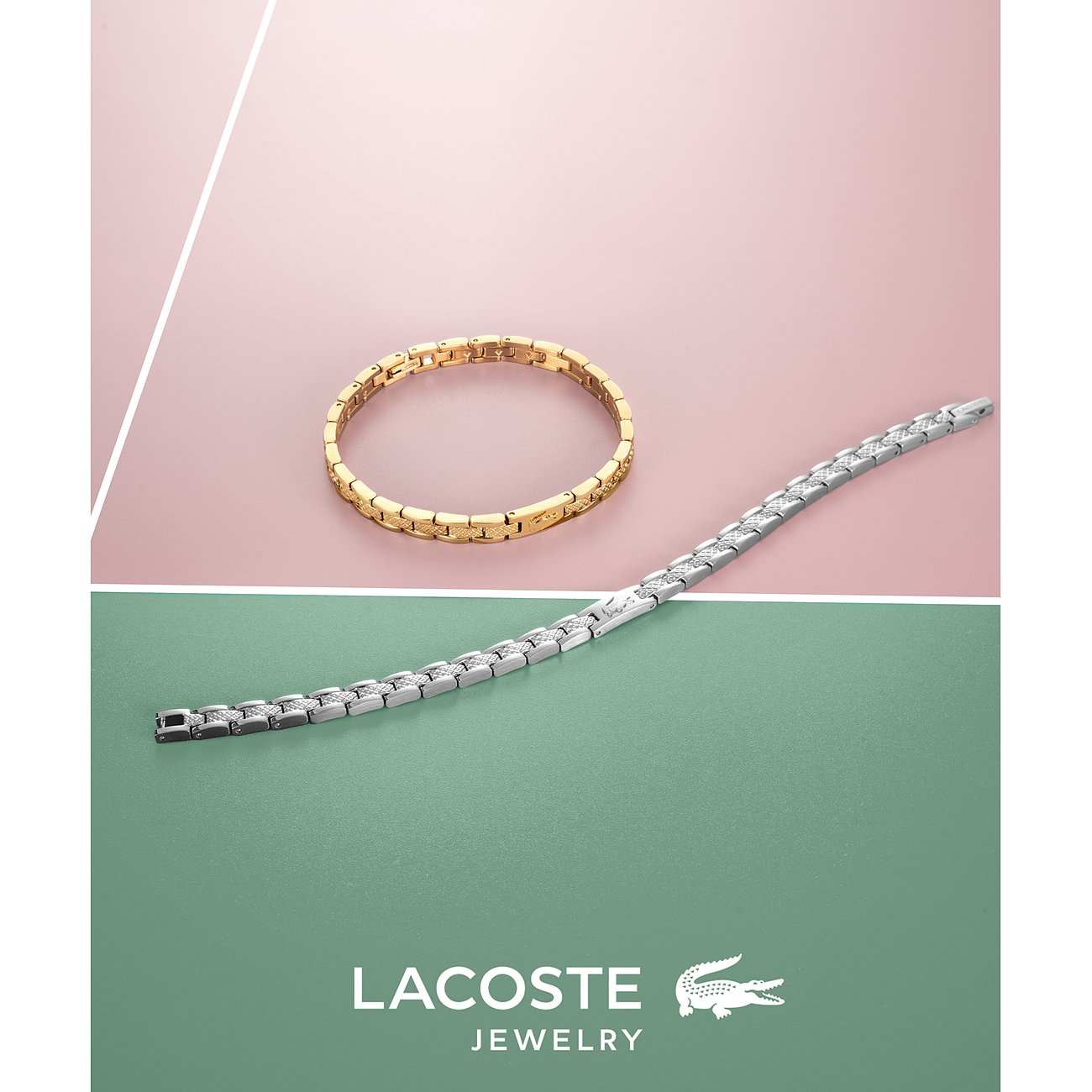Twee Lacoste armbanden van roestvrij staal en edelstenen. Eén gouden, steviger, en één zilveren, smaller.