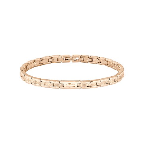 Lacoste Armband aus roségoldfarbenem Edelstahl. Das Armband hat eine Schnalle mit Logo-Prägung.