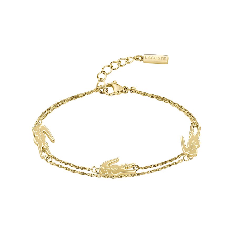 Lacoste dubbelkettingarmband van goudkleurig roestvrij staal met drie krokodillenhangers en logoplaatje.
