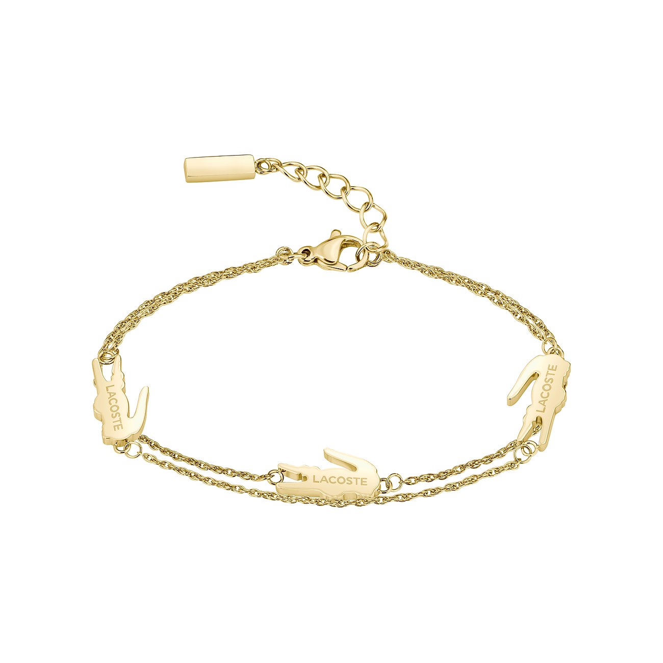 Een glanzende Lacoste-armband van goudkleurig edelstaal met dubbele schakelband en drie krokodillenhangers.