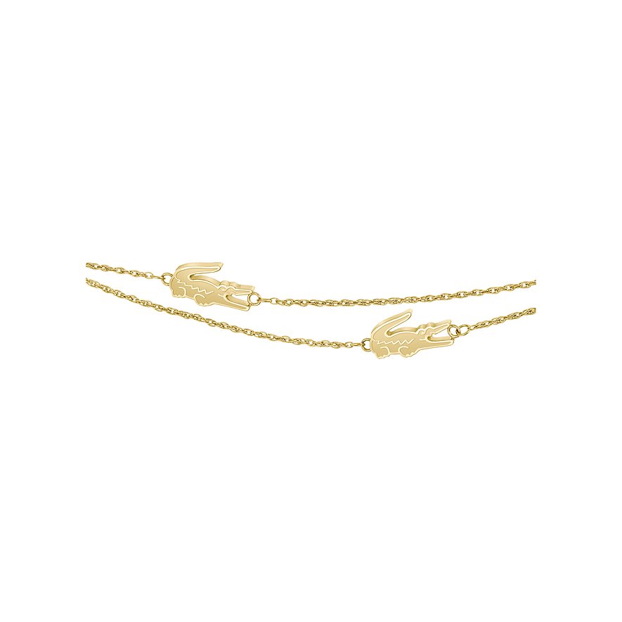Een gouden Lacoste roestvrijstalen armband met krokodilhangers op twee niveaus.