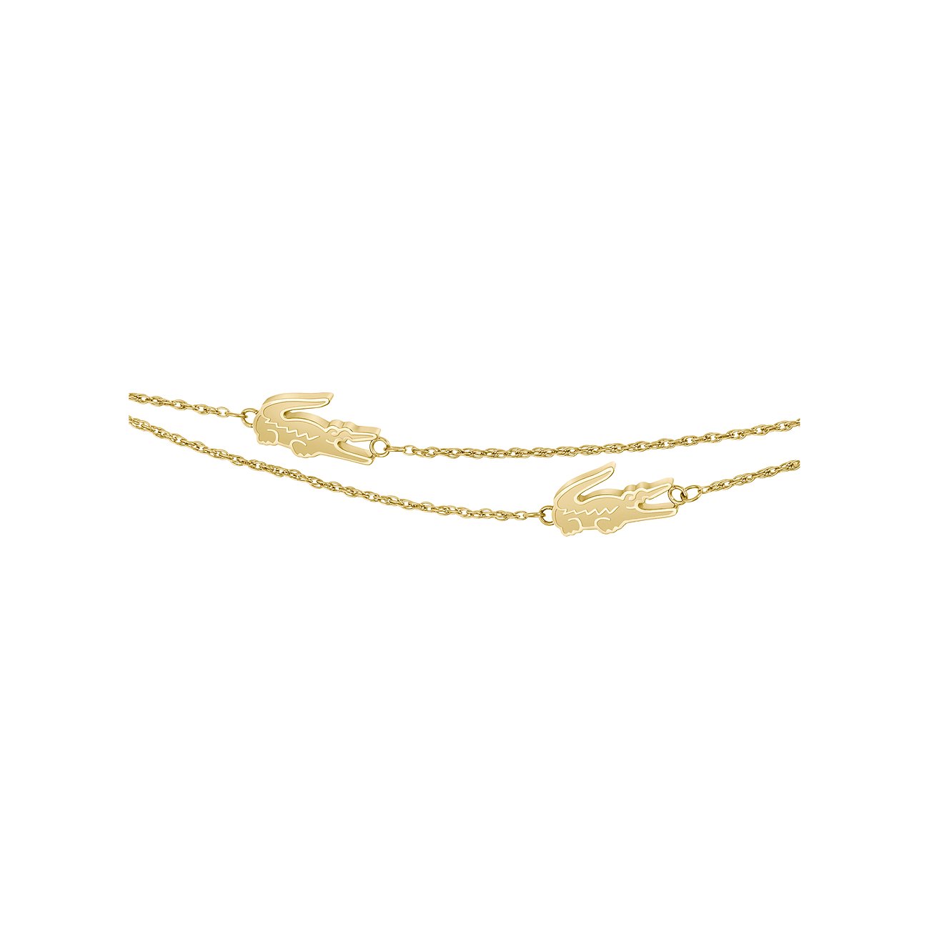 Een gouden Lacoste roestvrijstalen armband met krokodilhangers op twee niveaus.