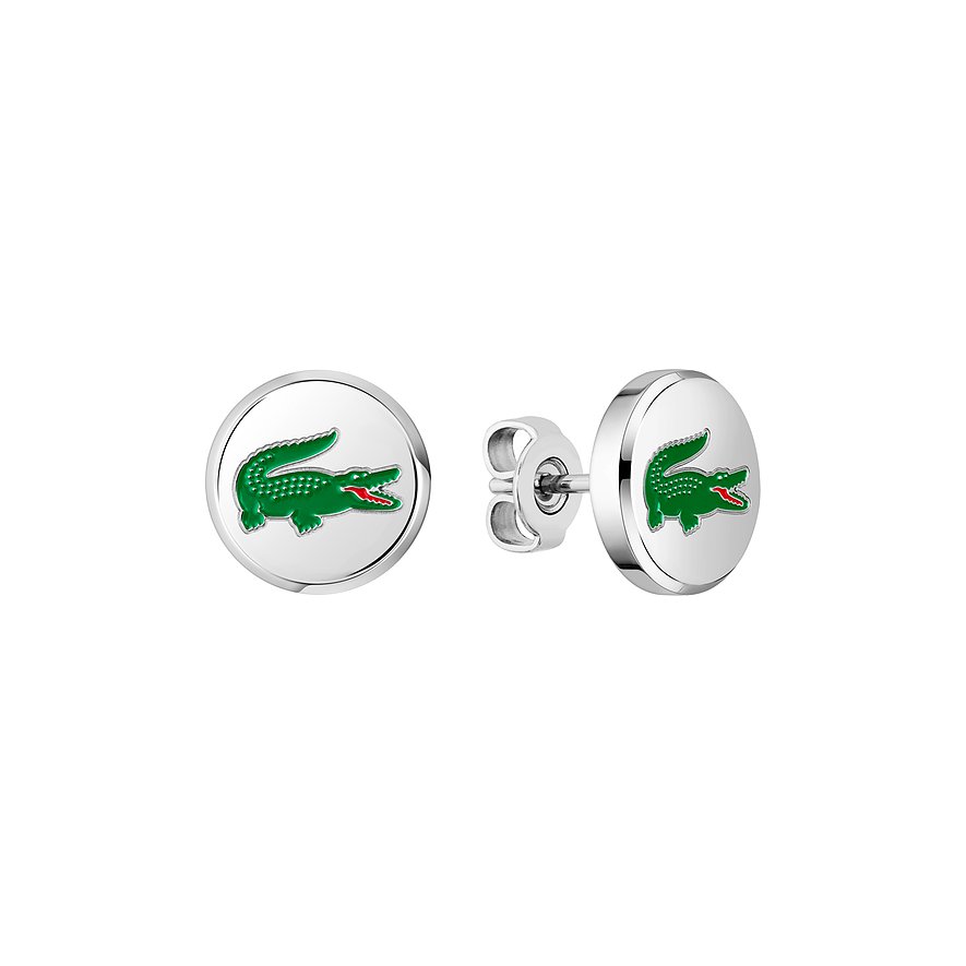 Lacoste roestvrijstalen oorknopjes met groen krokodillenlogo op witte achtergrond, licht verspringend naast elkaar.