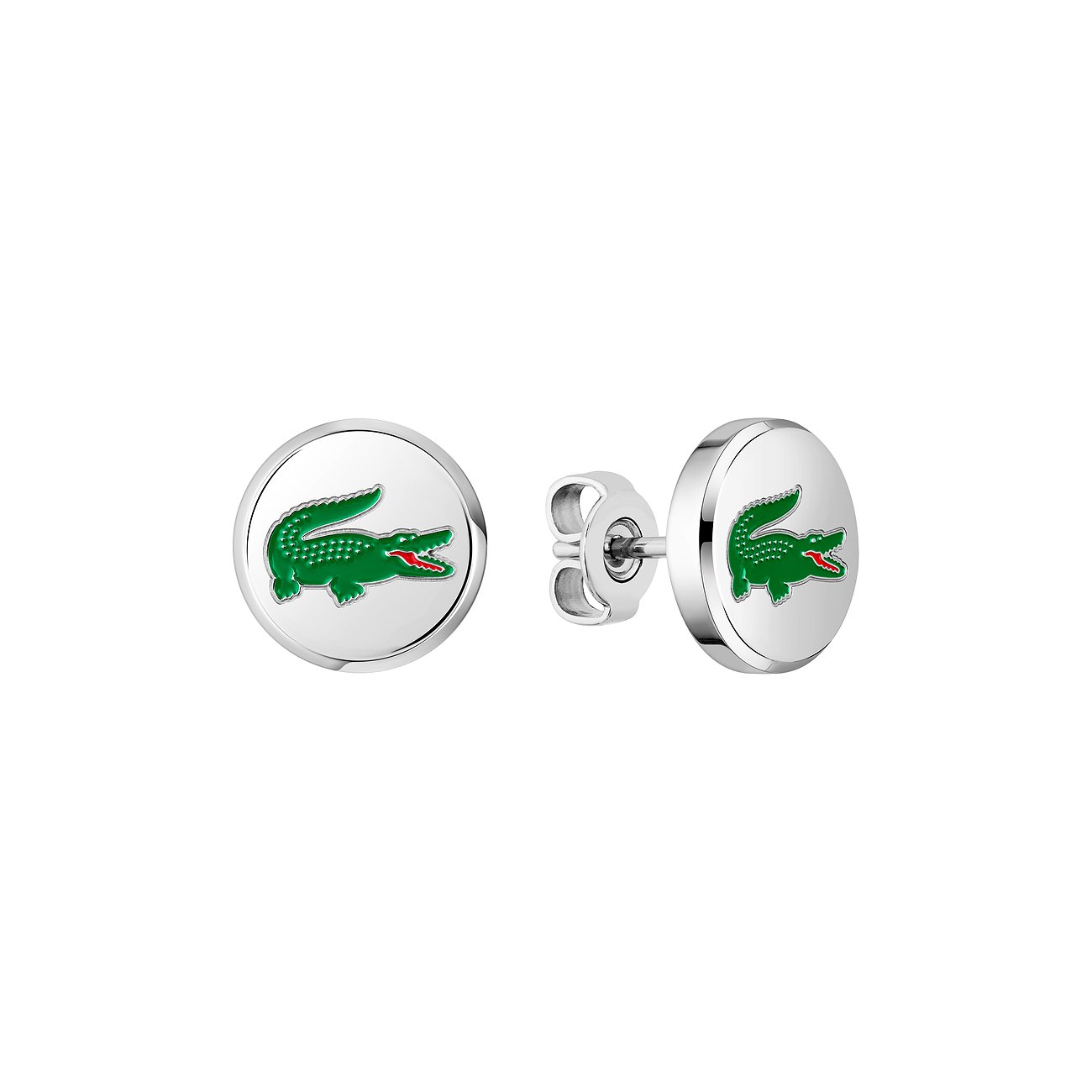 Lacoste roestvrijstalen oorknopjes met groen krokodillenlogo op witte achtergrond, licht verspringend naast elkaar.