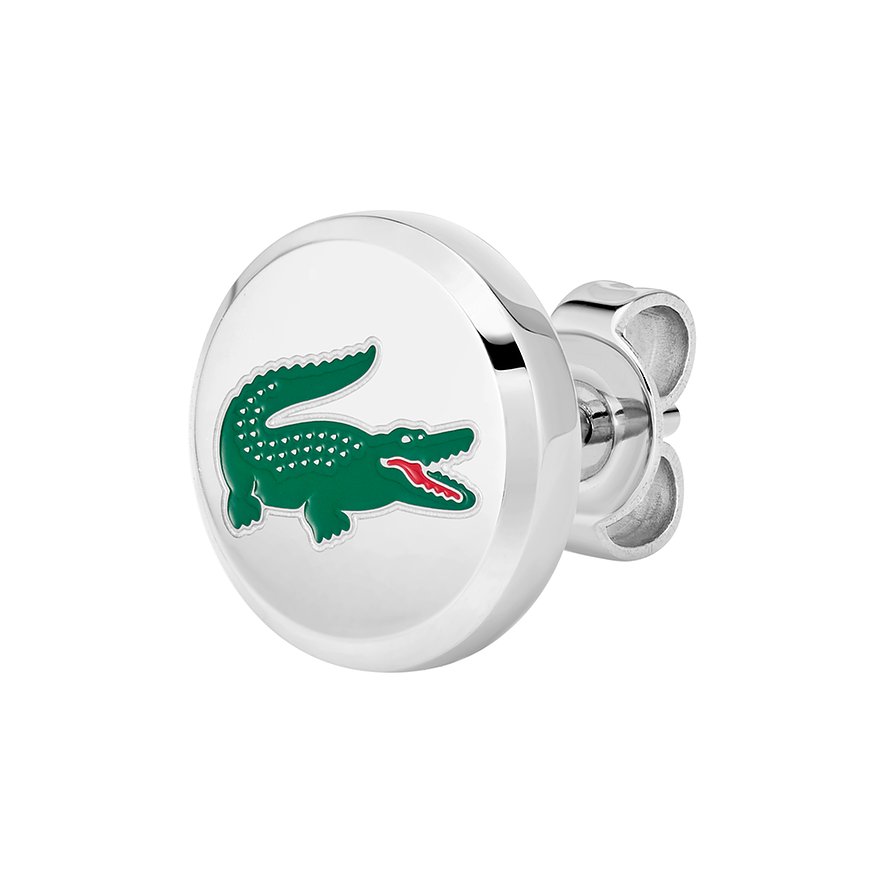 Eén ronde Lacoste oorsteker van roestvrij staal met het groene krokodillenlogo op een witte achtergrond.