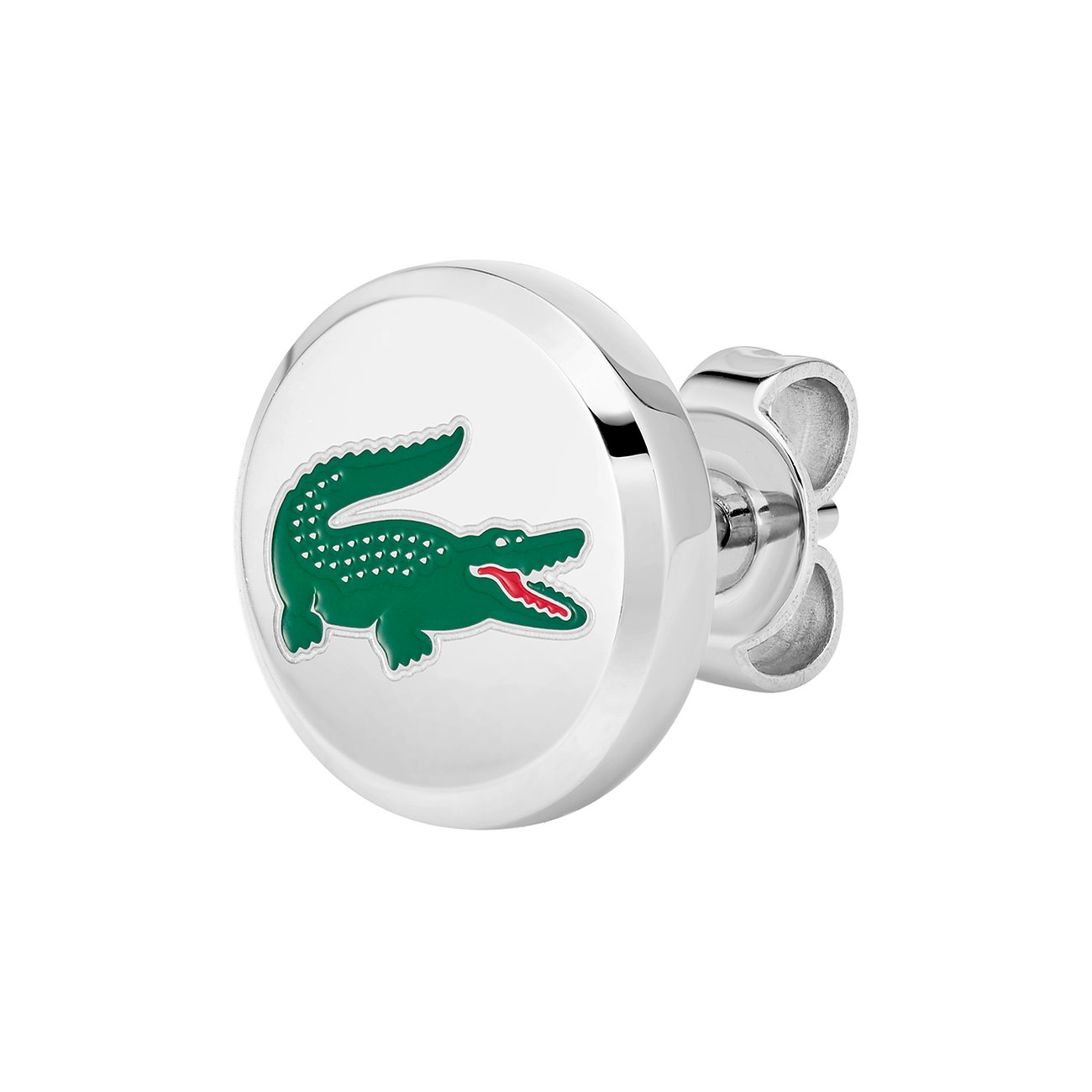 Eén ronde Lacoste oorsteker van roestvrij staal met het groene krokodillenlogo op een witte achtergrond.