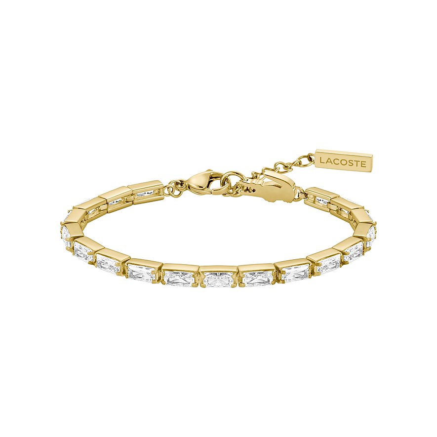 Lacoste armband van goudkleurig roestvrij staal met rechthoekige zirkonia kleurstenen en logo-tag aan de ketting.