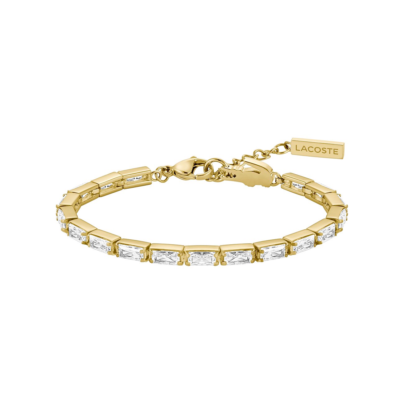 Lacoste armband van goudkleurig roestvrij staal met rechthoekige zirkonia kleurstenen en logo-tag aan de ketting.