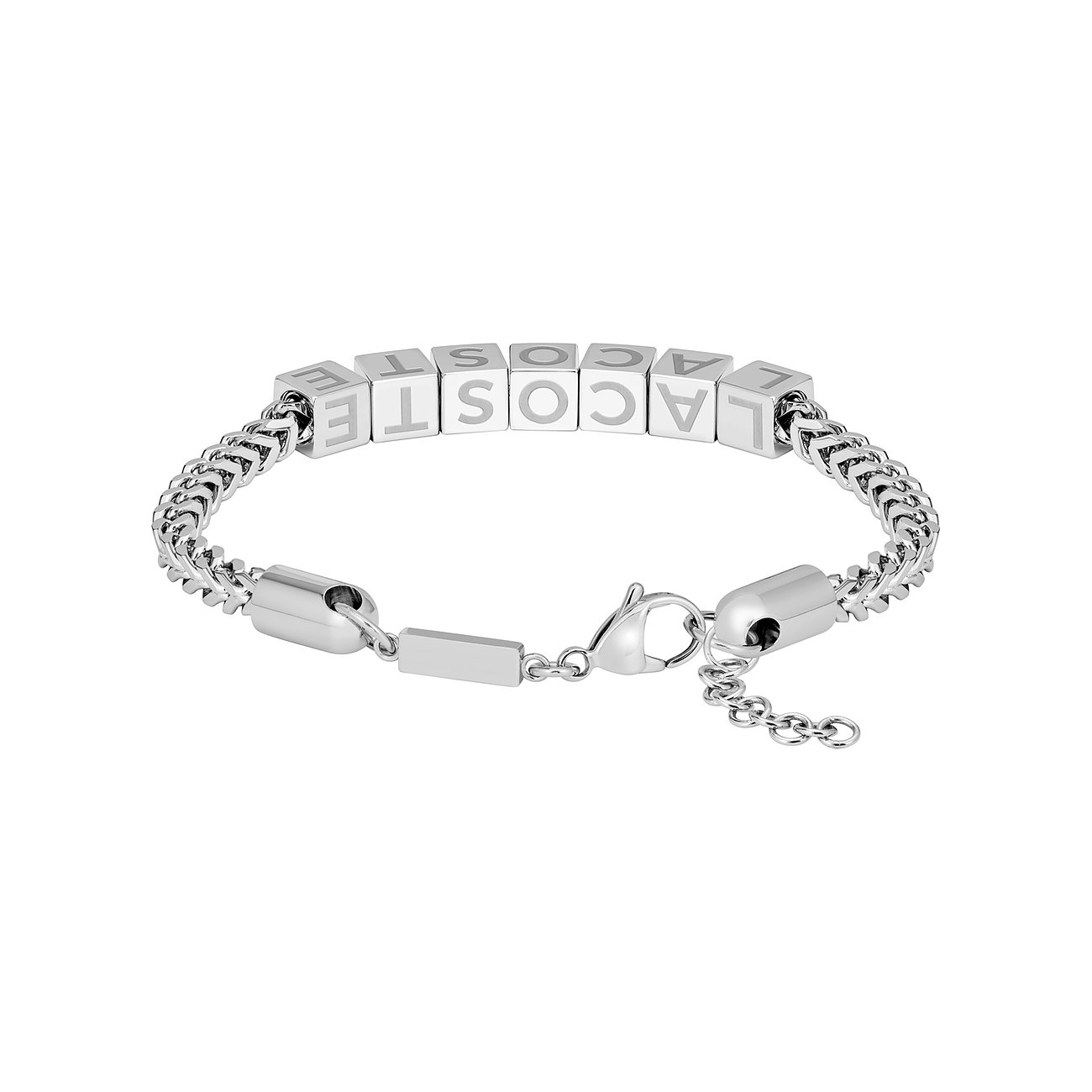 Lacoste: Edelstahl-Armband mit Kettengliedern und quadratischen Perlen, die das Lacoste-Logo bilden, von oben gesehen.