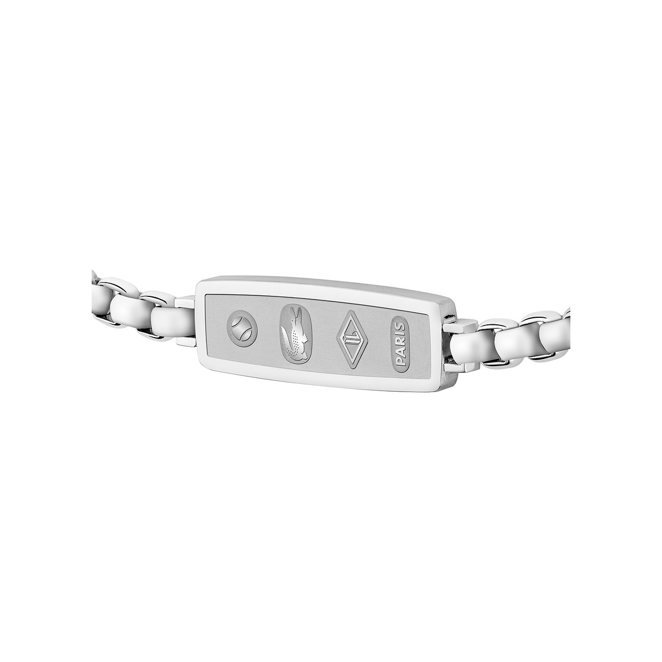 Lacoste roestvrijstalen armband met gegraveerde rechthoek: logo, bal en 'Paris'.