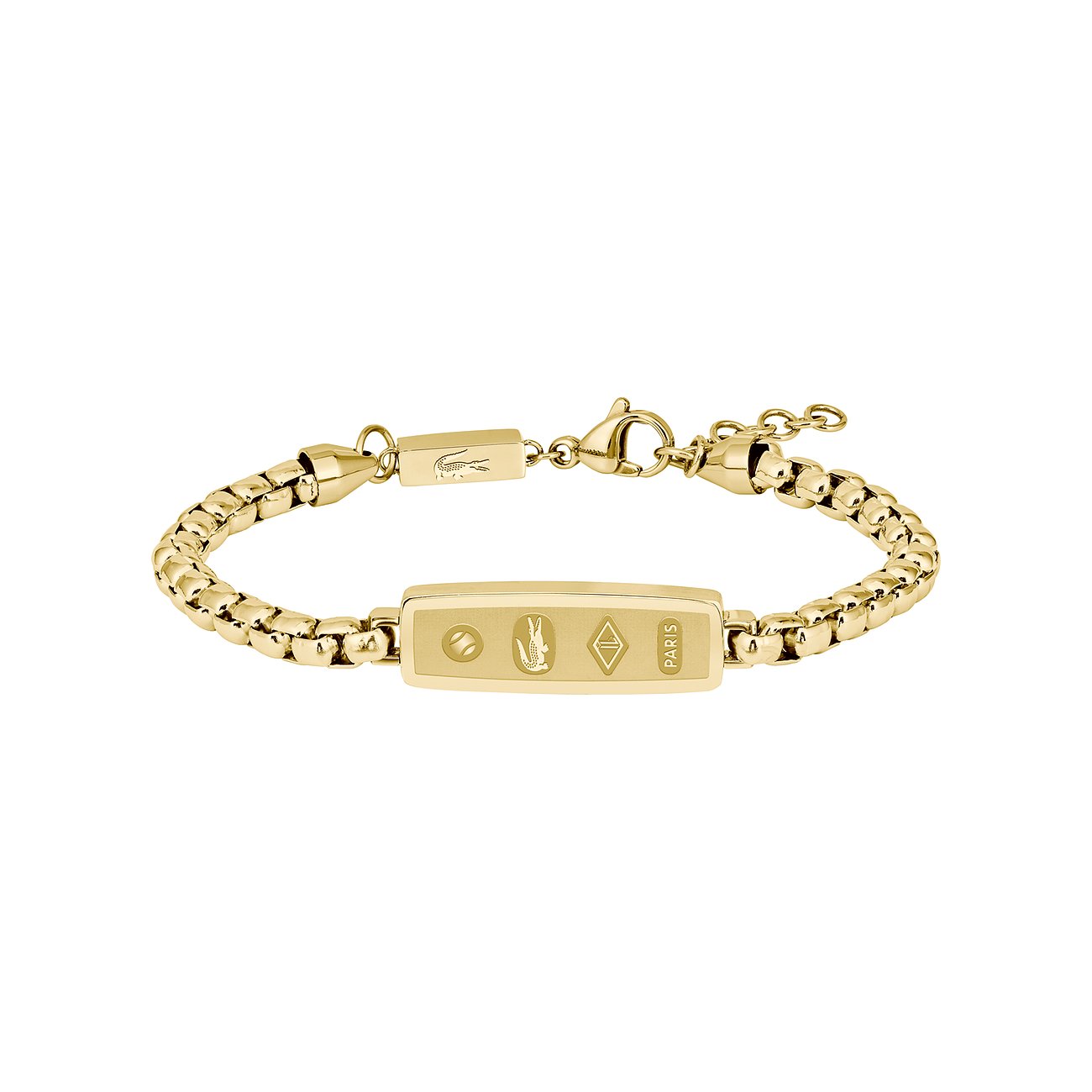 Lacoste Armband aus goldenem Edelstahl mit runden Metallgliedern und einer Gravurplatte mit Logos.