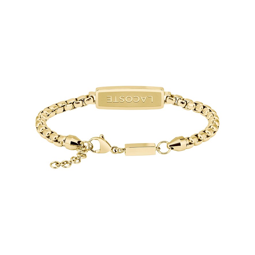 Goldenes Lacoste-Armband aus Edelstahl. Ovale Gliederkette mit graviertem Lacoste-Logo im Mittelteil.