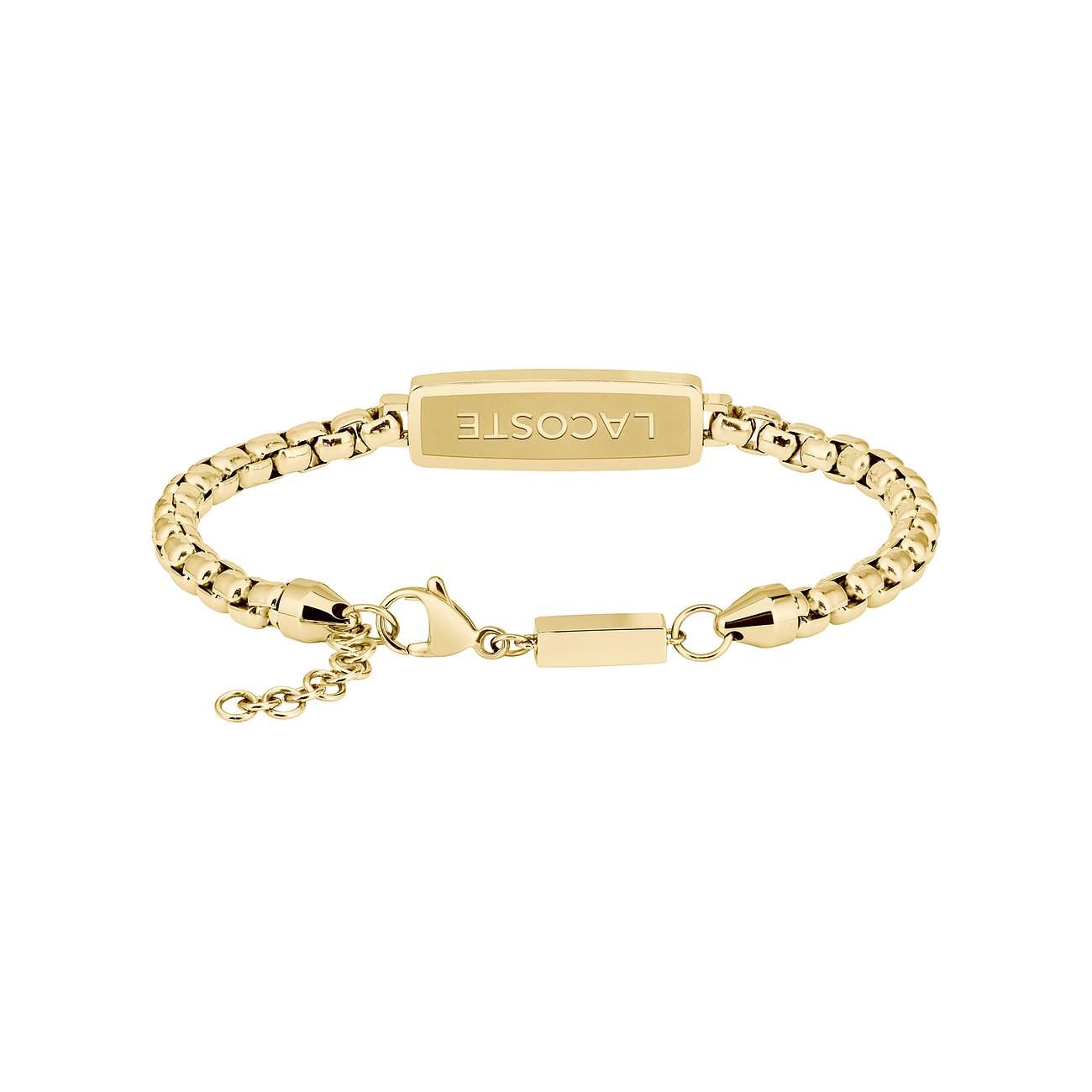 Goldenes Lacoste-Armband aus Edelstahl. Ovale Gliederkette mit graviertem Lacoste-Logo im Mittelteil.