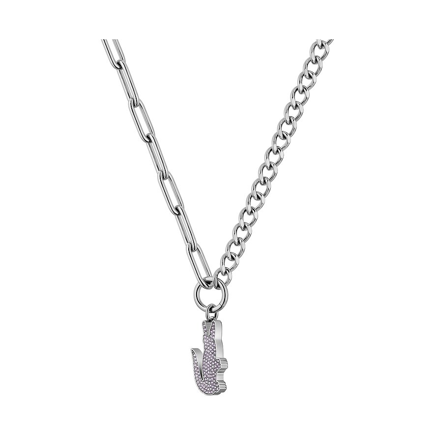 Lacoste statement-halsketting van roestvrij staal met tweedelige ketting en krokodillen hanger met kristallen.