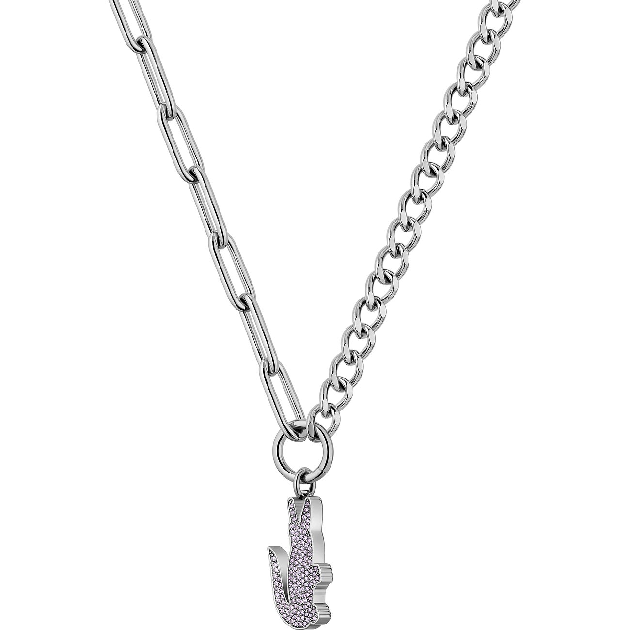 Lacoste statement-halsketting van roestvrij staal met tweedelige ketting en krokodillen hanger met kristallen.