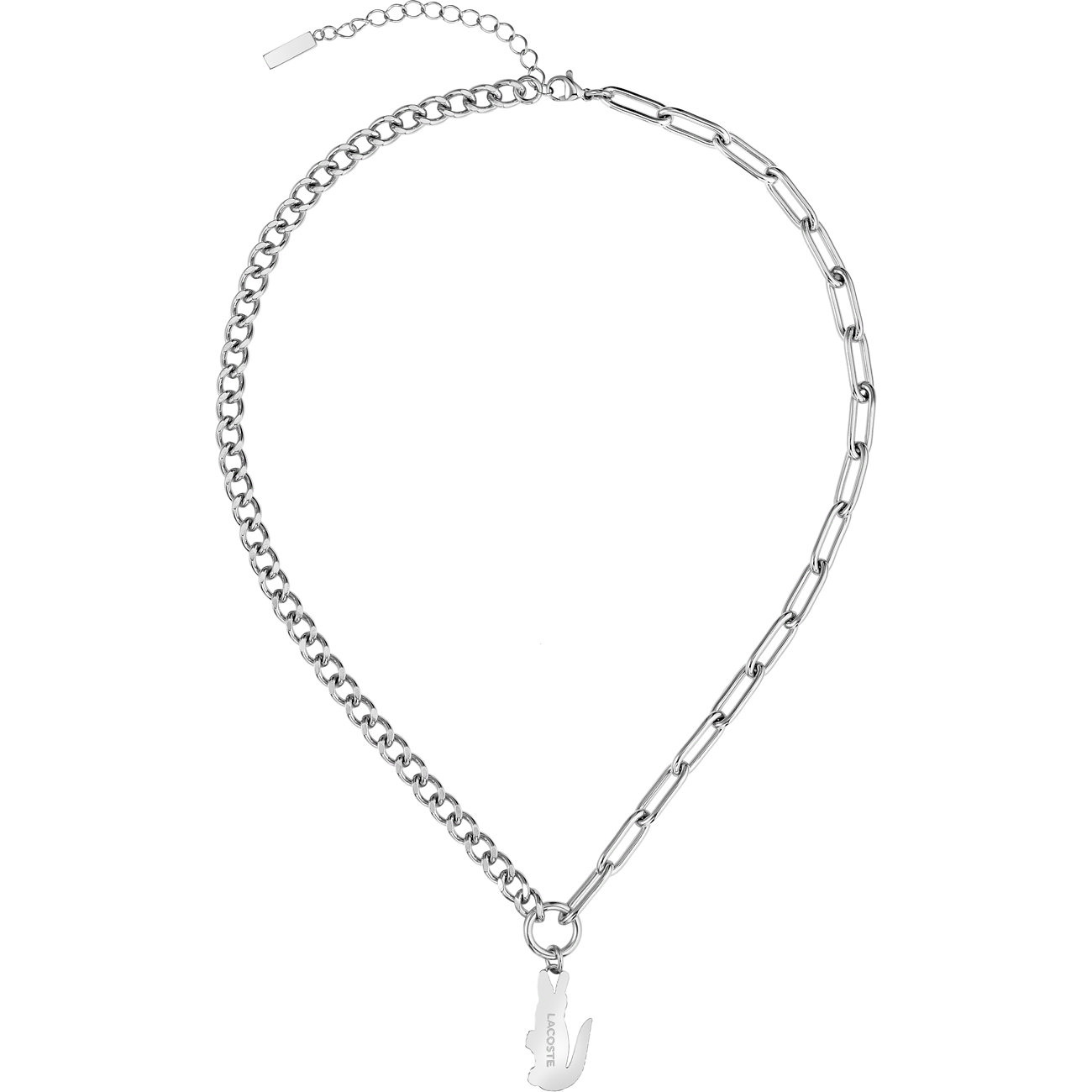 Lacoste roestvrijstalen ketting, Cubaanse en paperclip schakel, met krokodillen hanger.
