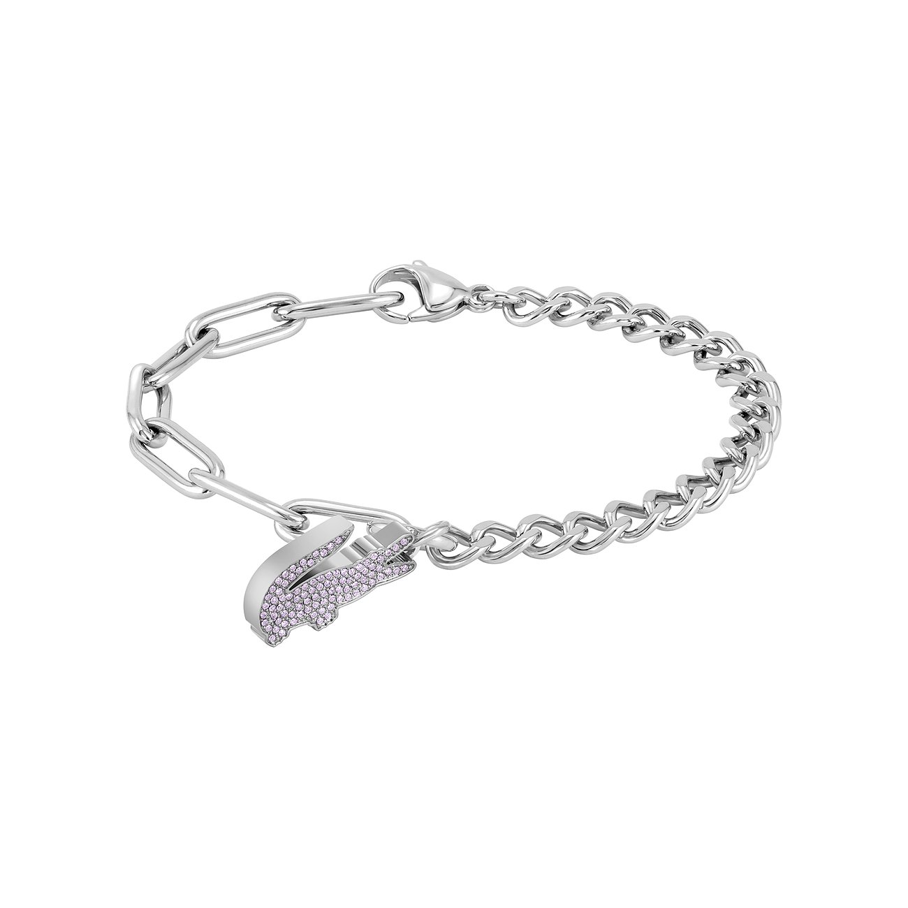 Lacoste roestvrijstalen armband, half ankerketting, half schakelketting, met krokodilvormige roze kristallen hanger.