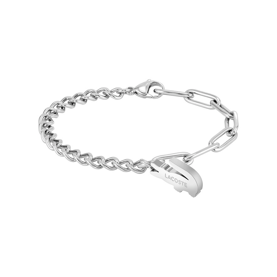Lacoste roestvrijstalen armband: half gedraaide ketting, half schakelketting met Lacoste krokodil hanger.