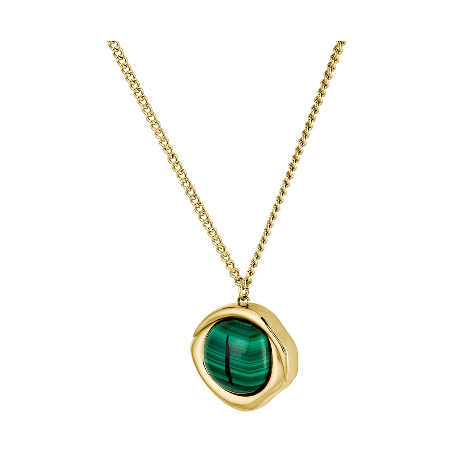 Lacoste Halsschmuck aus goldfarbenem Edelstahl mit einem Malachit-Farbstein als Anhänger.