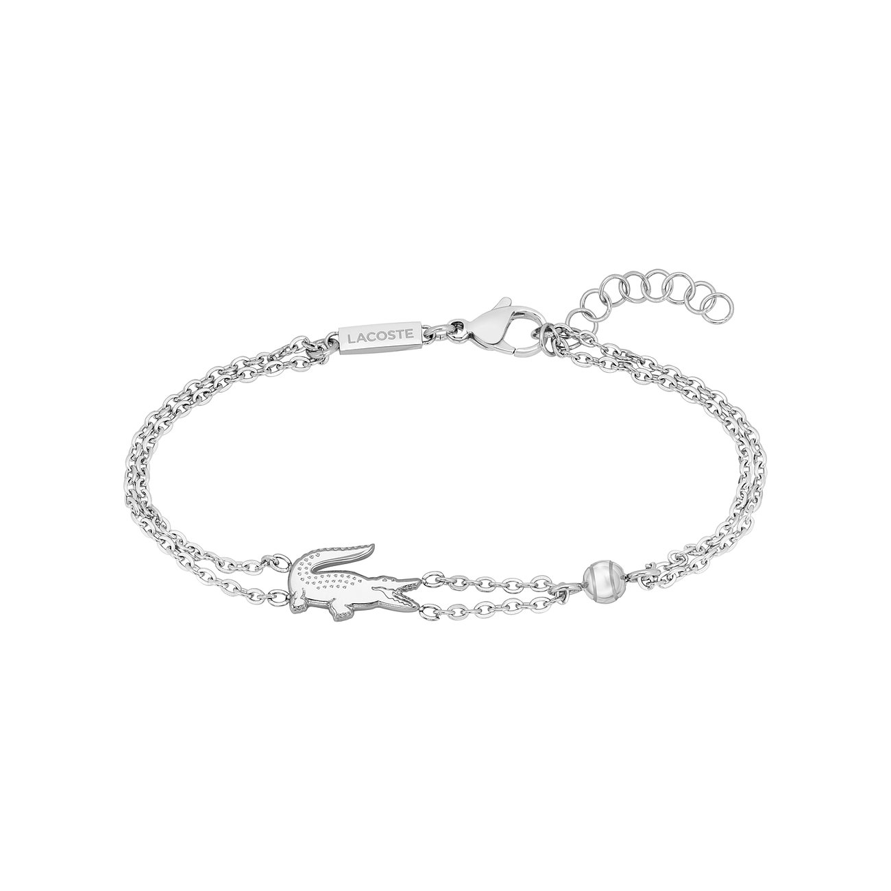 Lacoste sieraad van roestvrij staal, een zilveren dubbelrijige armband met krokodillenbedel en kleine kraal.