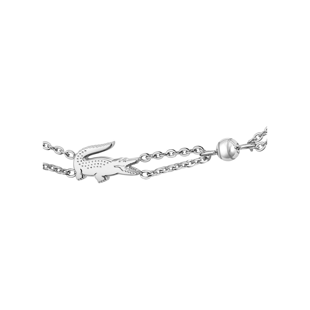 Close-up van een Lacoste roestvrijstalen armband, met zilveren krokodillenlogo en dubbele schakelband.