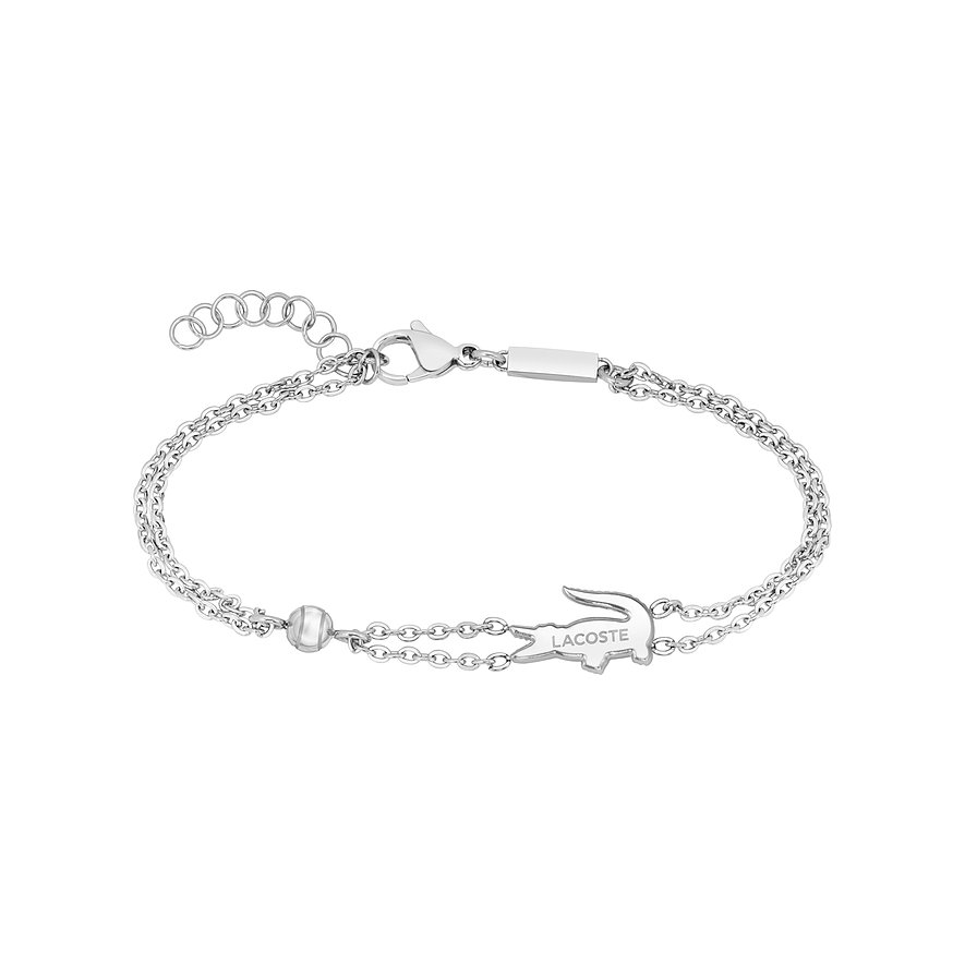 Lacoste roestvrijstalen armband met krokodillenbedel en pareldetail, verlengketting linksboven.